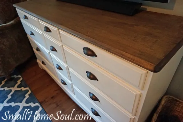 Completed TV Console with new drawer pulls in antique brash