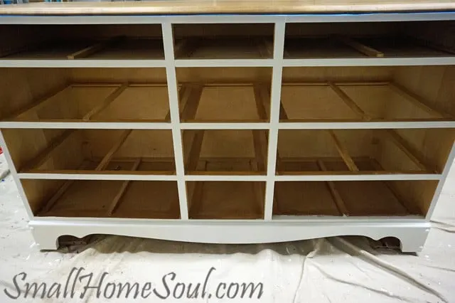 TV Console cabinet without drawers being painted.