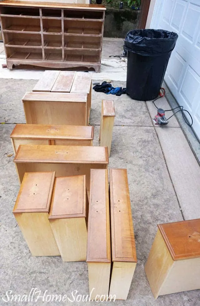 Drawers removed from dresser for sanding.