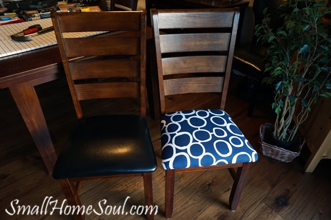 Before and after of dining chair reupholstered.