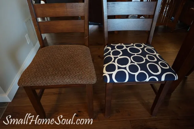 Showing Fabric one chair had been reupholstered in compared to fun blue with white circles fabric.
