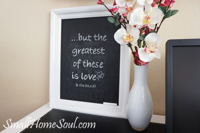 New diy chalkboard on desk with pretty vase.