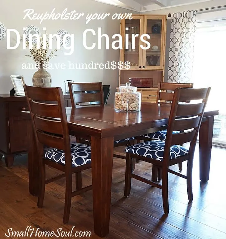 Pin graphic of completed dining room chairs after being reupholstered.