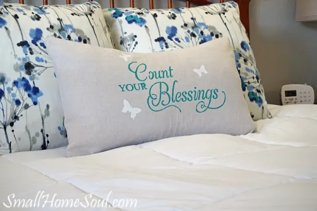 Making a stenciled drop cloth pillow cover is easy with this detailed tutorial. You can make one too in about an hour. www.smallhomesoul.com