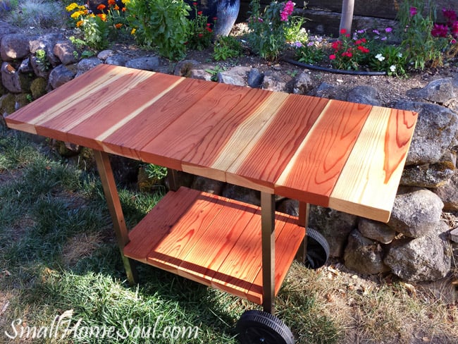 Finished patio cart sitting on grass.