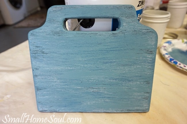 Final blue painted board for mason jar utensil caddy.