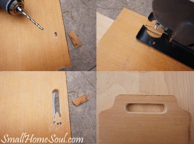 photo collage of Cutting out the handle of the mason jar utensil caddy.