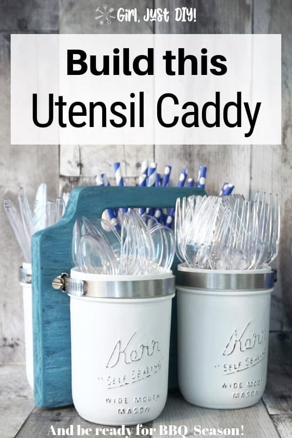 Mason Jar Utensil Caddy filled with plastic utensils and straws