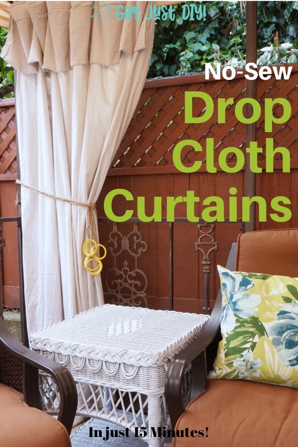 Drop Cloth Curtains with a twine tieback for pinterest image with green text overlay.