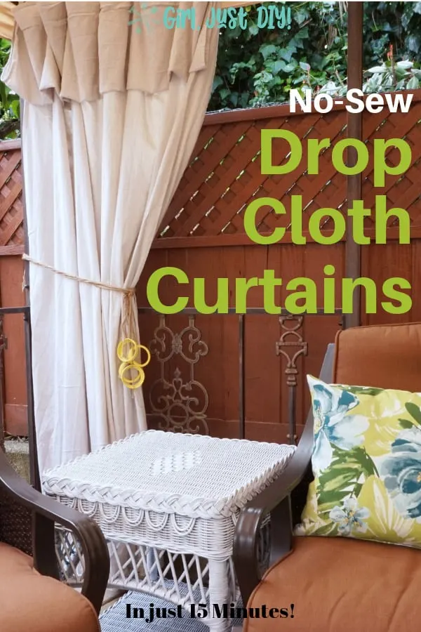 Drop Cloth Curtains with a twine tieback for pinterest image with green text overlay.