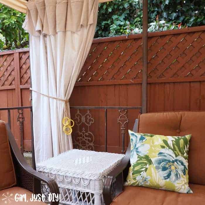 Left panel of drop cloth curtains on gazebo