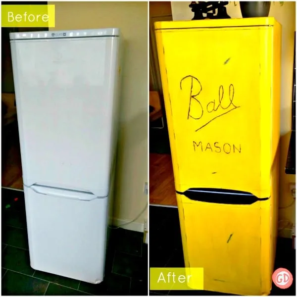 Refrigerate painted yellow with "Ball Mason" decal to look like mason jar