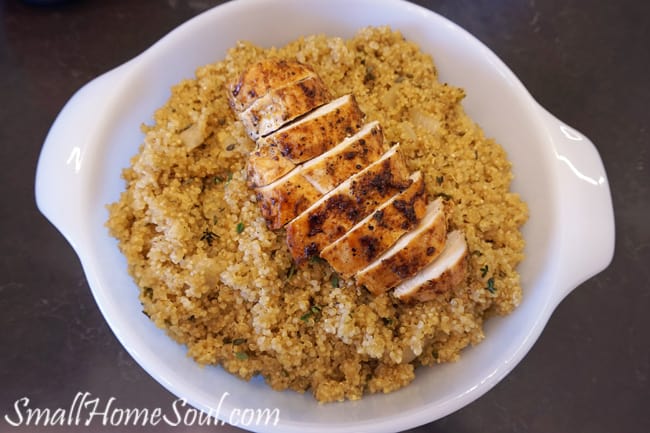 top view of yummy savory quinoa and chicken dish.