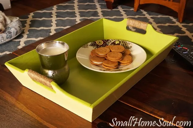 Beachy serving tray with plate of cookies and glass of milk.
