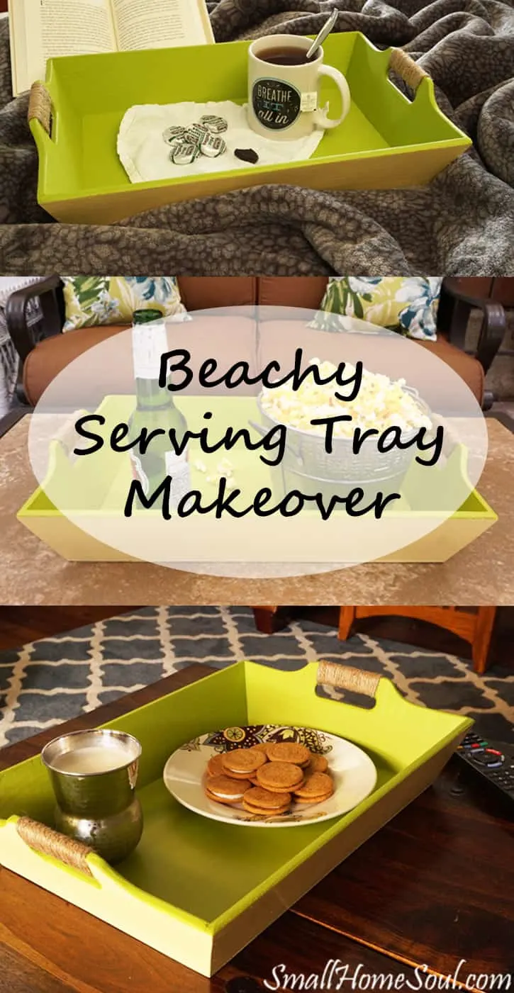 Beachy serving tray pic collage show uses three ways.