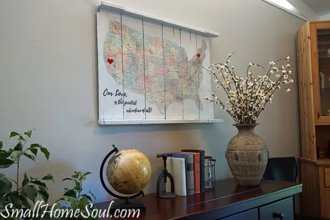 Make a personalized DIY Map Art project like this one with a map, a quote, and a few supplies with my easy to follow tutorial. This map is special since it maps out one of the journeys in our married life….www.smallhomesoul.com