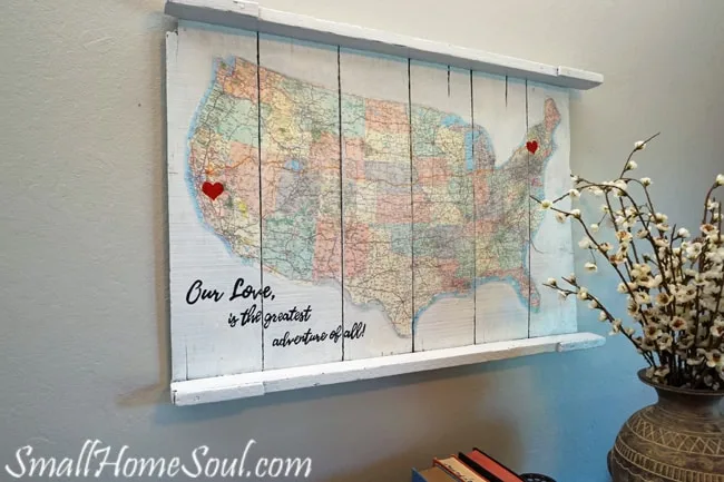 Make a personalized DIY Map Art project like this one with a map, a quote, and a few supplies with my easy to follow tutorial. This map is special since it maps out one of the journeys in our married life….www.smallhomesoul.com