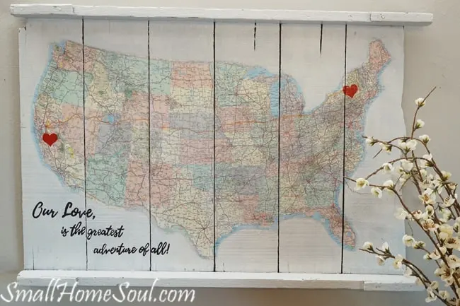Make a personalized DIY Map Art project like this one with a map, a quote, and a few supplies with my easy to follow tutorial. This map is special since it maps out one of the journeys in our married life….www.smallhomesoul.com