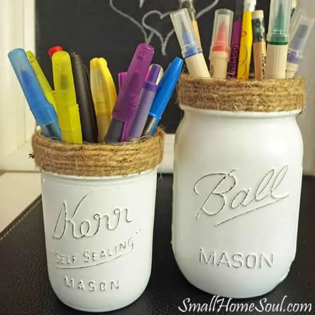 Make these easy DIY Mason Jar Pencil Holders for a stylish addition to your desk or office. Perfect for Pens, Pencils, Scissors, and Markers