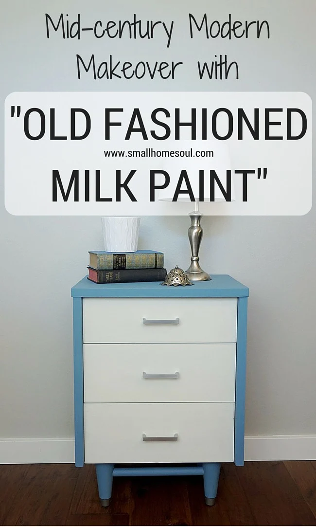 Pinterest image of completed mid-century modern dresser in blue and white.
