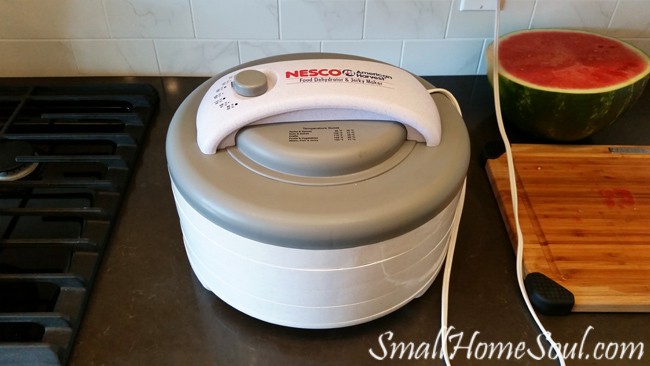 dehydrator filled and plugged into outlet on counter top.