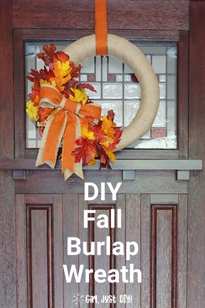 DIY Fall Burlap Wreath hanging on dark door with text overlay