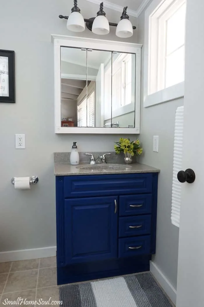 View of new blue vanity and white medicine cabinet from master bathroom doorway.