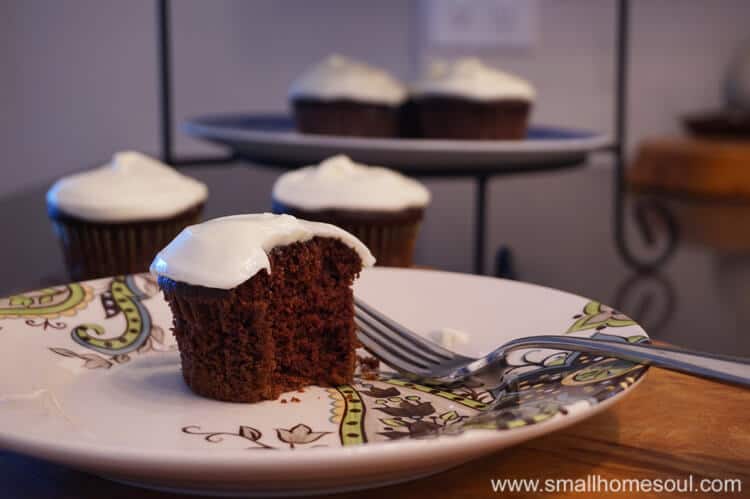 chocolate cupcake on a plate with fork