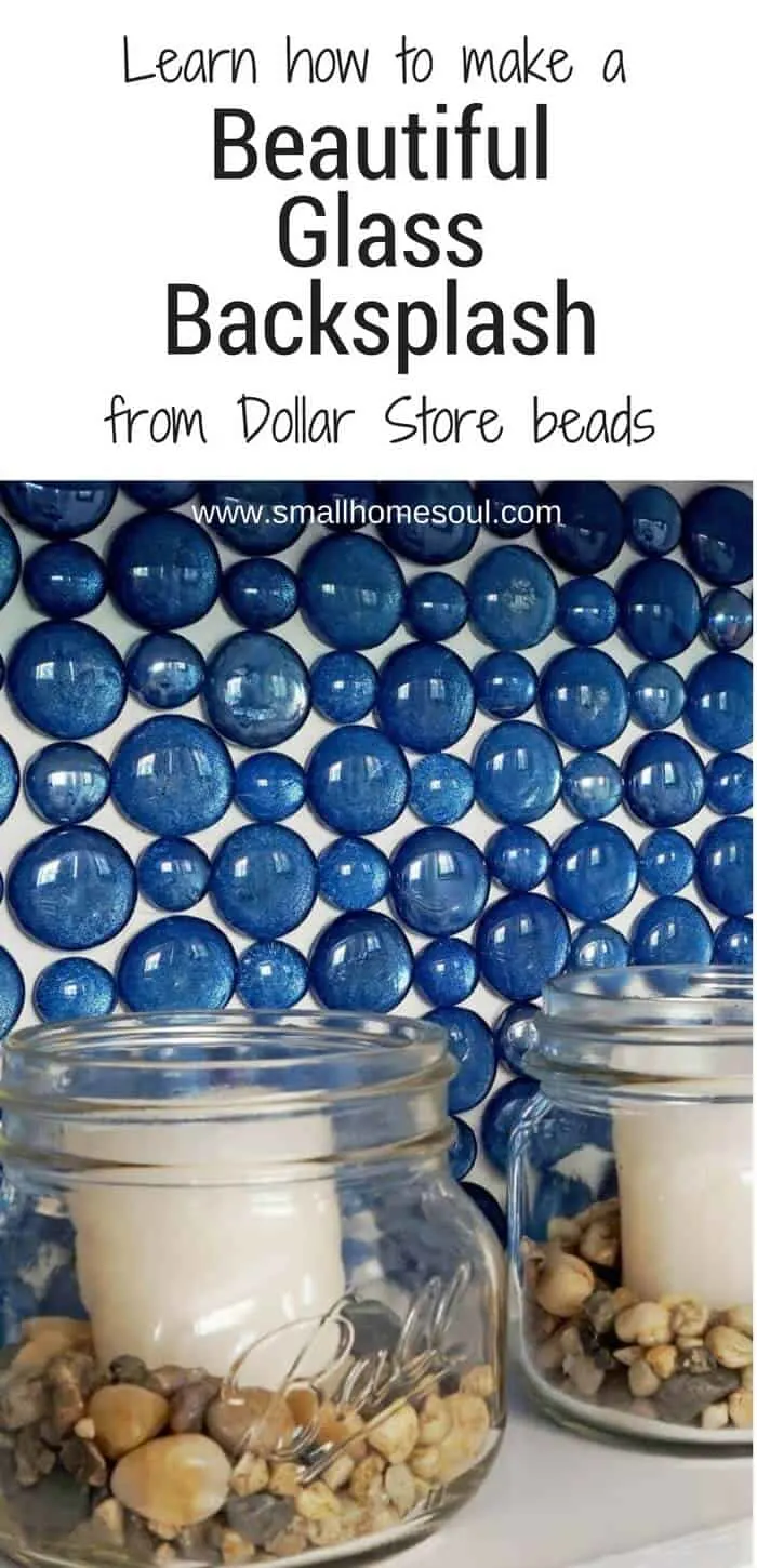 Glass backsplash from Dollar Store beads with candles in jars.