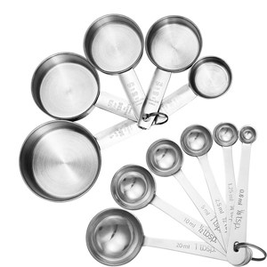 Metal measuring cups and spoons.