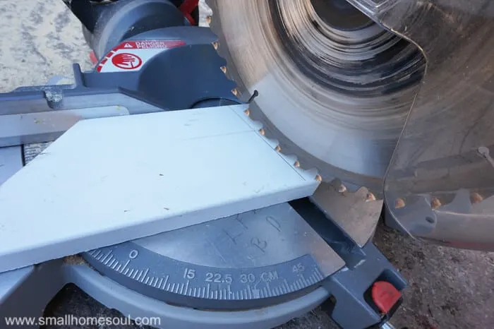 Preparing miter saw to cut slats for Wooden Christmas Tree.