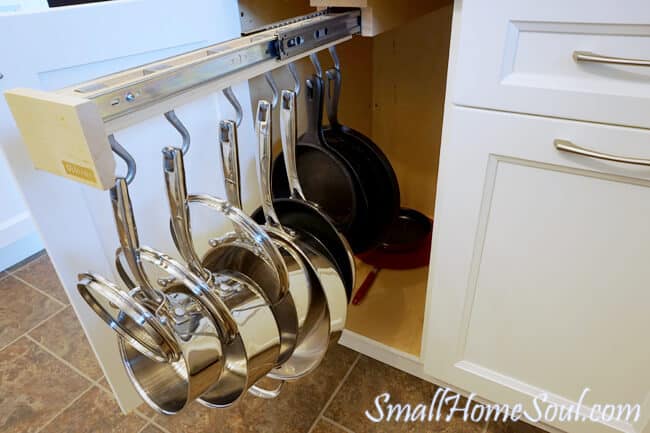 Pots and pans on a slide out rack.