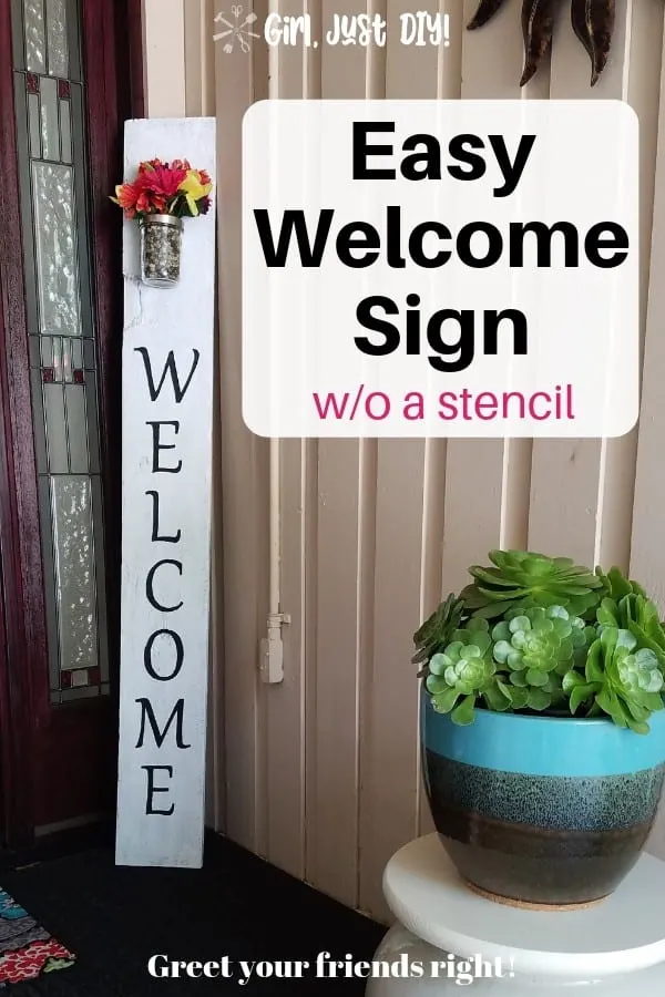 Easy DIY Welcome Sign on porch with green succulent in pot.
