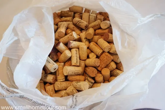 Bag of wine corks waiting to be turned into a wine cork board. Great for organization.