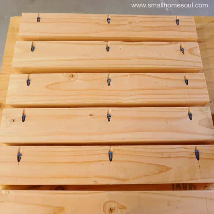 Five 2x4s with pocket holes and predrilled screws for assembly