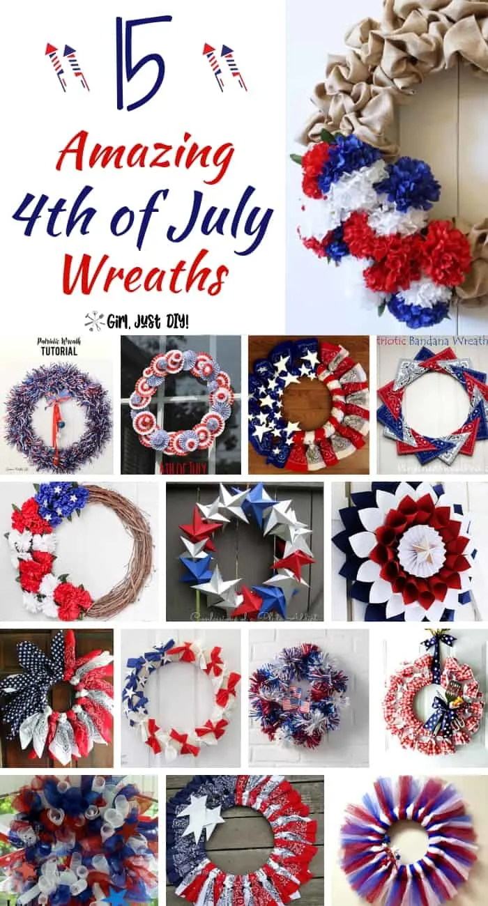 Collage of easy DIY patriotic wreaths for 4th of july.