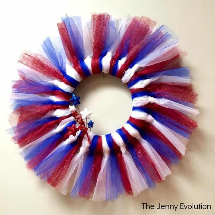 The Jenny Evolution's Easy Patriotic Wreaths in red, white and blue tulle.