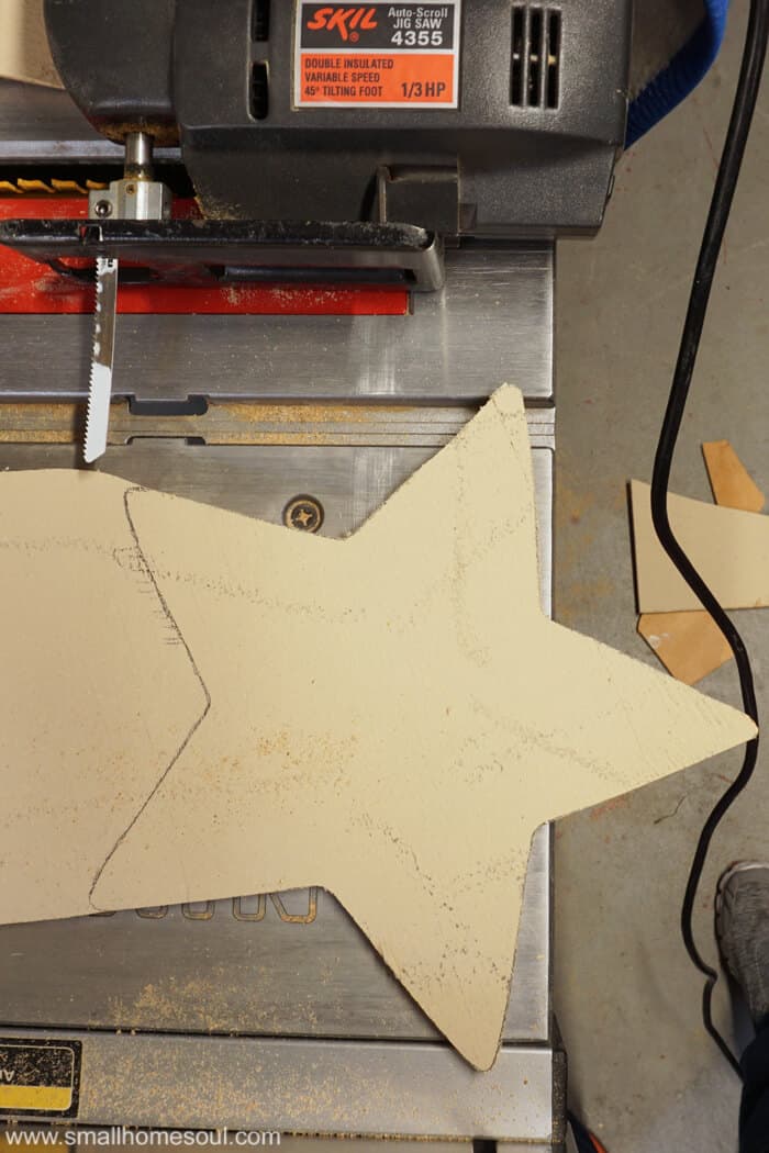 Using the jigsaw to cut the star for the July 4th Star tray.