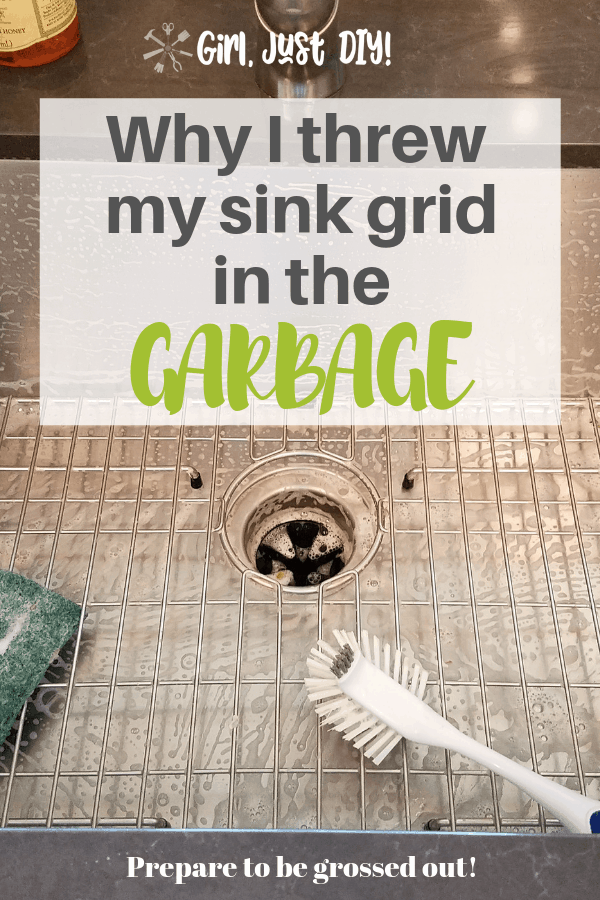 Sink grid with scrub brush and text overlay.