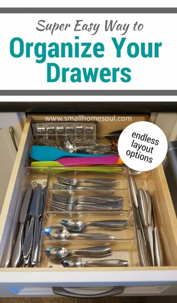 Pinnable image for organizing kitchen drawers shows utensil drawer.