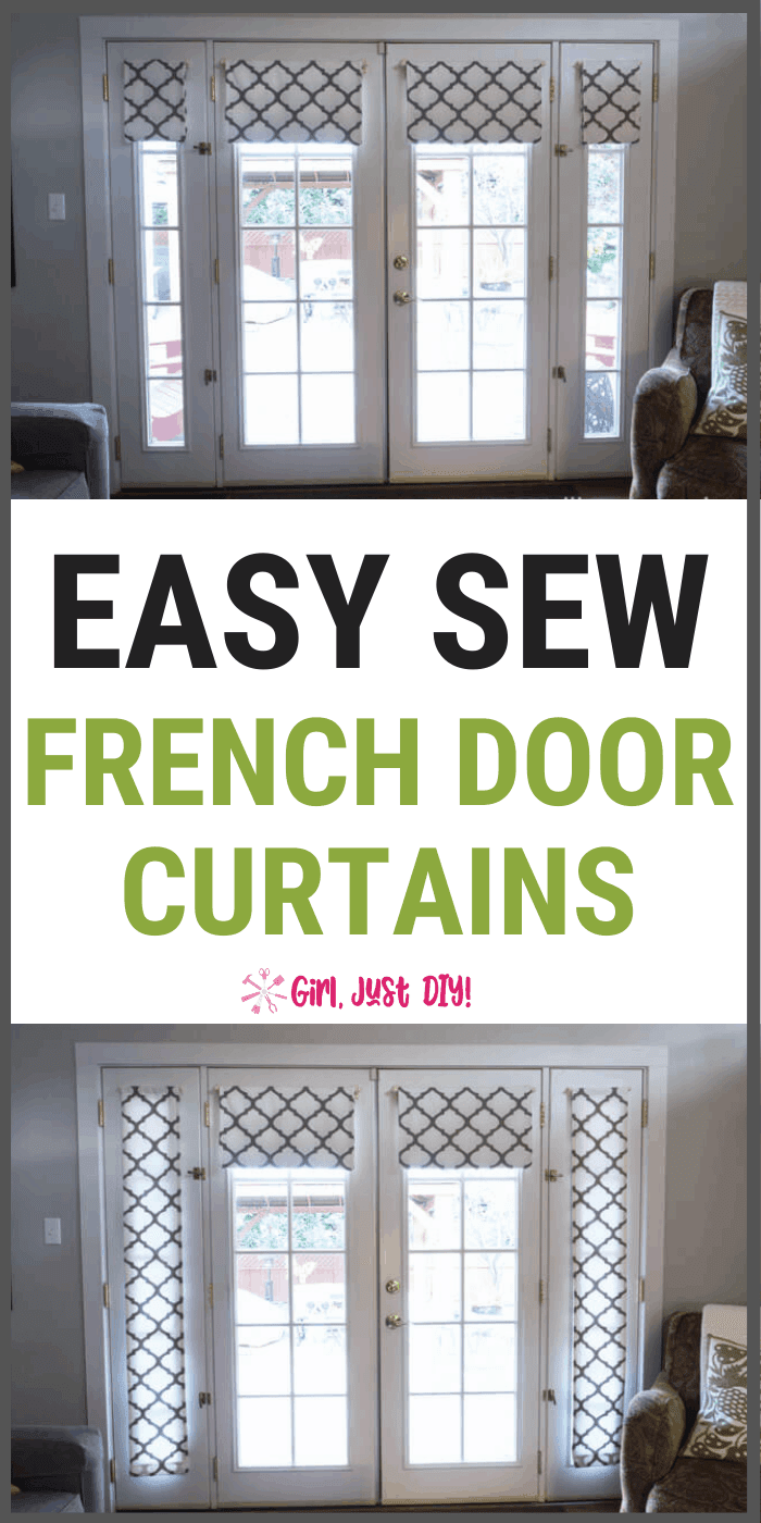 Tall collage with french door curtain pictures and text