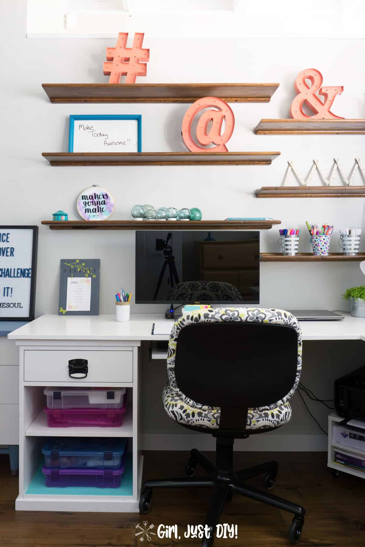 Left side of new DIY corner desk with shelves and desk chair