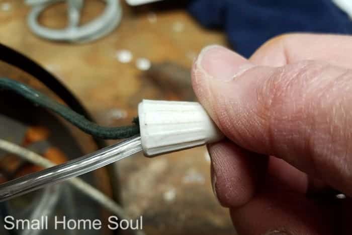 Install wire nut on wires for desk lamp makeover.