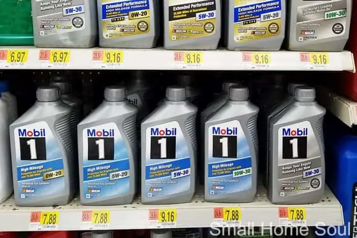 Engine oil on grocery store shelf.