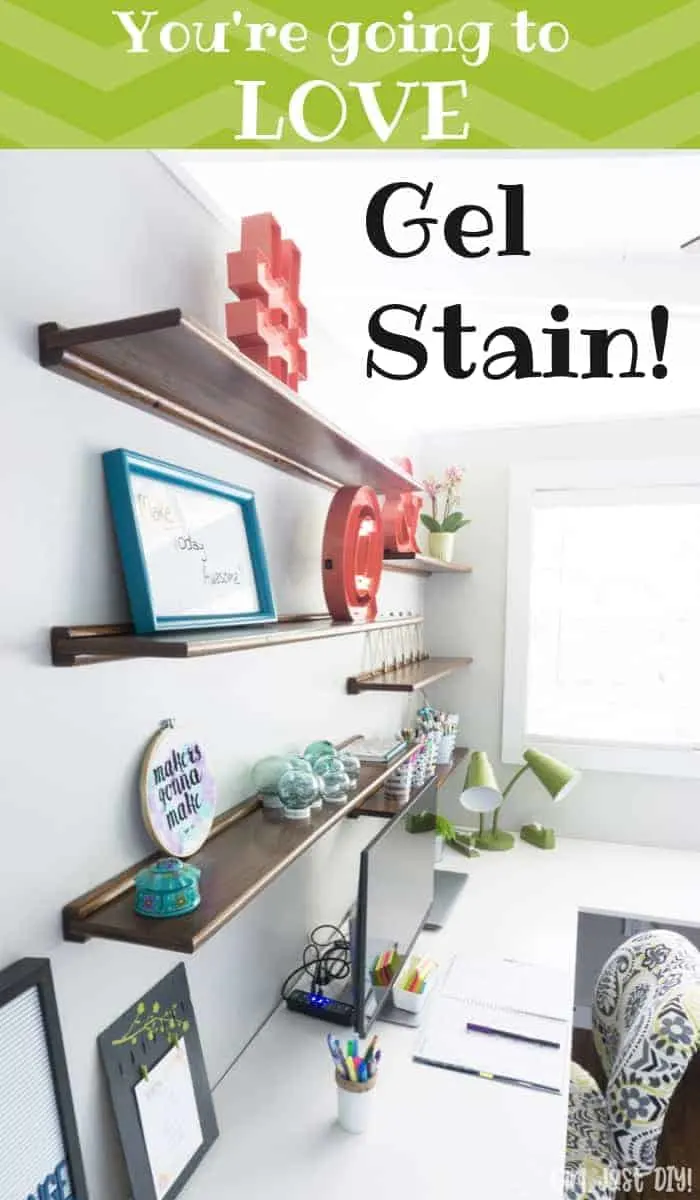 Gel Stain on Floating Wood shelves with decor items.