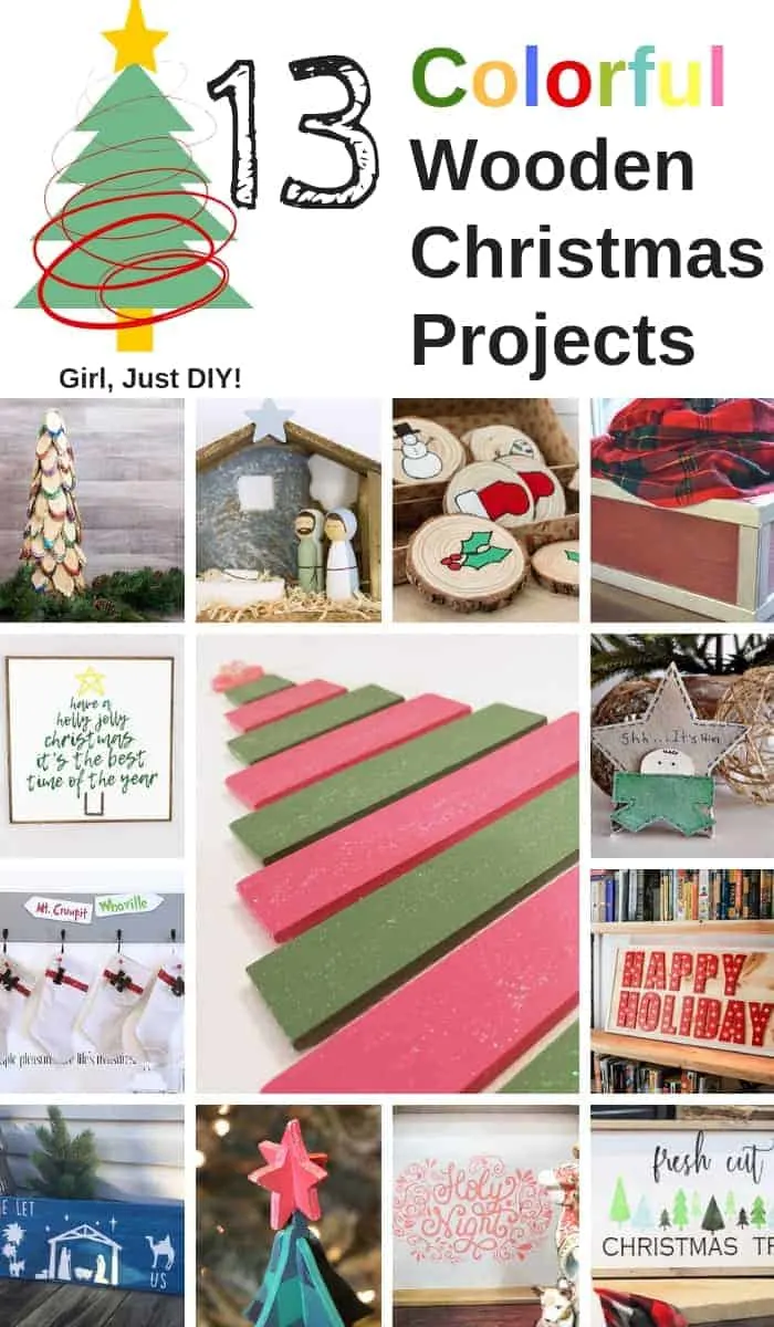 Collage of 13 colorful Wooden Christmas Projects.