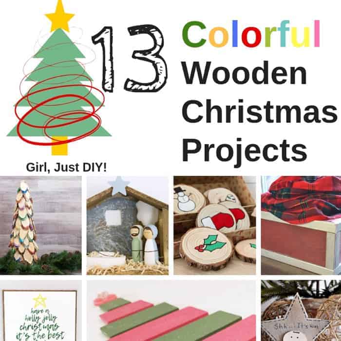 Collage of colorful wooden Christmas projects to make.