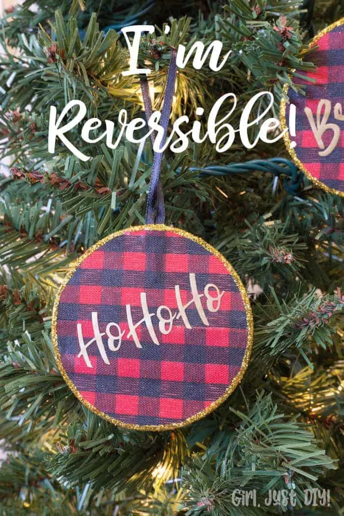 Closeup of reversible buffalo plaid Christmas ornament