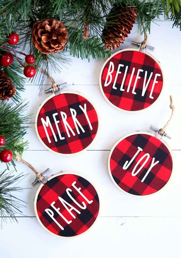 DIY Christmas Ornaments in red and black buffalo plaid with christmas words.