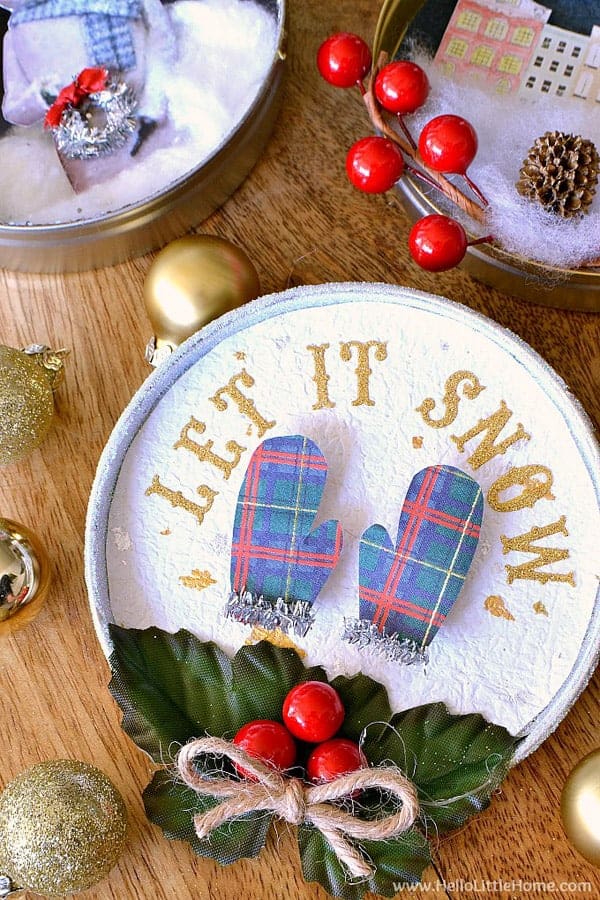 Vintage DIY Christmas Ornament with plaid mittens and holly.